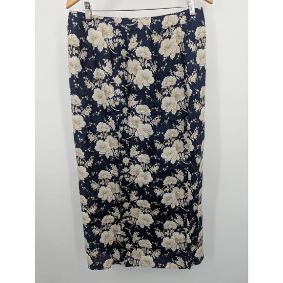 Liz Claiborne LizSport Petite 100% Linen Floral Skirt Size 14 Blue Cream Midi - Picture 2 of 4